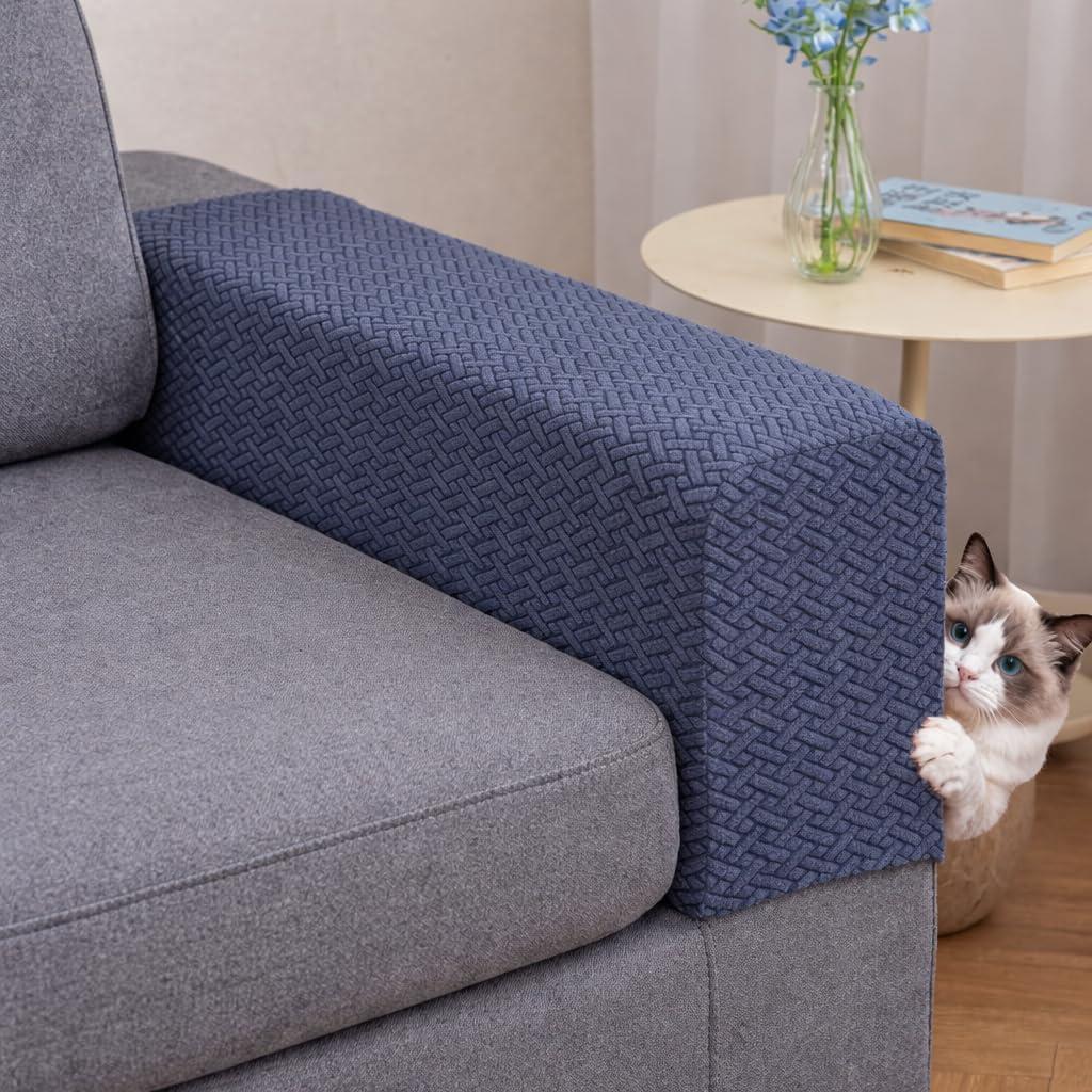 Couch Arm Covers, Sofa Arm Covers, Set of 2 Stretchable Polyester Armrest Slipcovers, Anti-Slip and Washable Furniture Protector (Blue,Large (Set of 2))