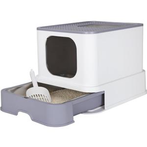 RIZZARI Foldable Cat Litter Box, Cat Box with Drawer, Large Capacity Litter Box with Lid, Top Opening Litter Pan for Small to Big Cats (White-Stainless Steel Basin)