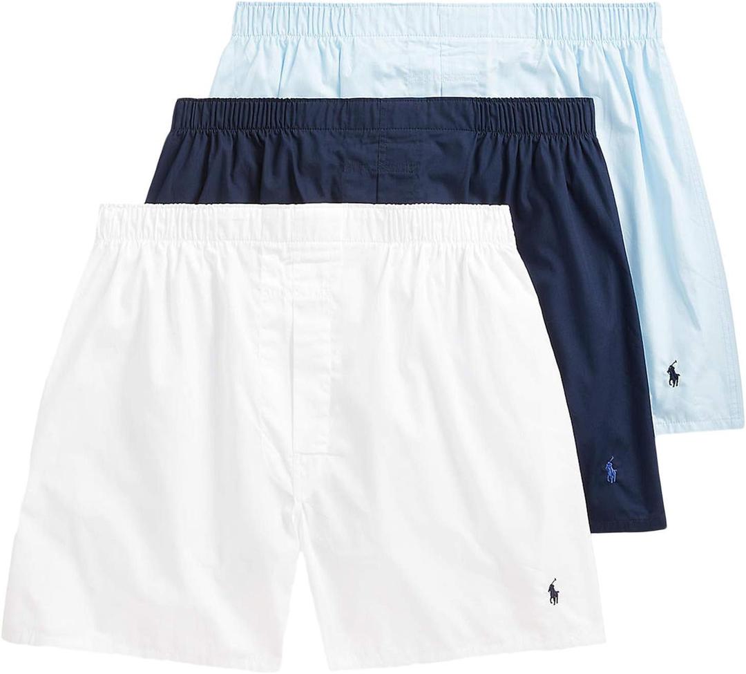 POLO RALPH LAUREN Men's Classic Fit Cotton Woven Boxers 3-Pack, White/ Navy, Light Blue/ Navy, Navy/ Royal-3 Pack, Large