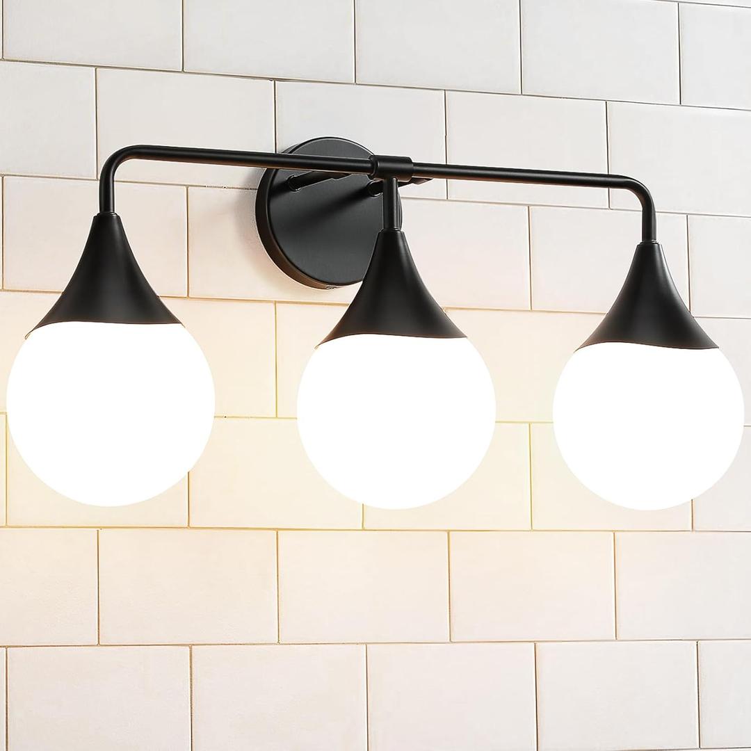 Bathroom Vanity Light Fixtures: 3 Lights Mid Century Modern Bathroom Lighting Fixtures Over Mirror - Matte Black Wall Sconce with Milky White Globe Glass for Bath Living Room
