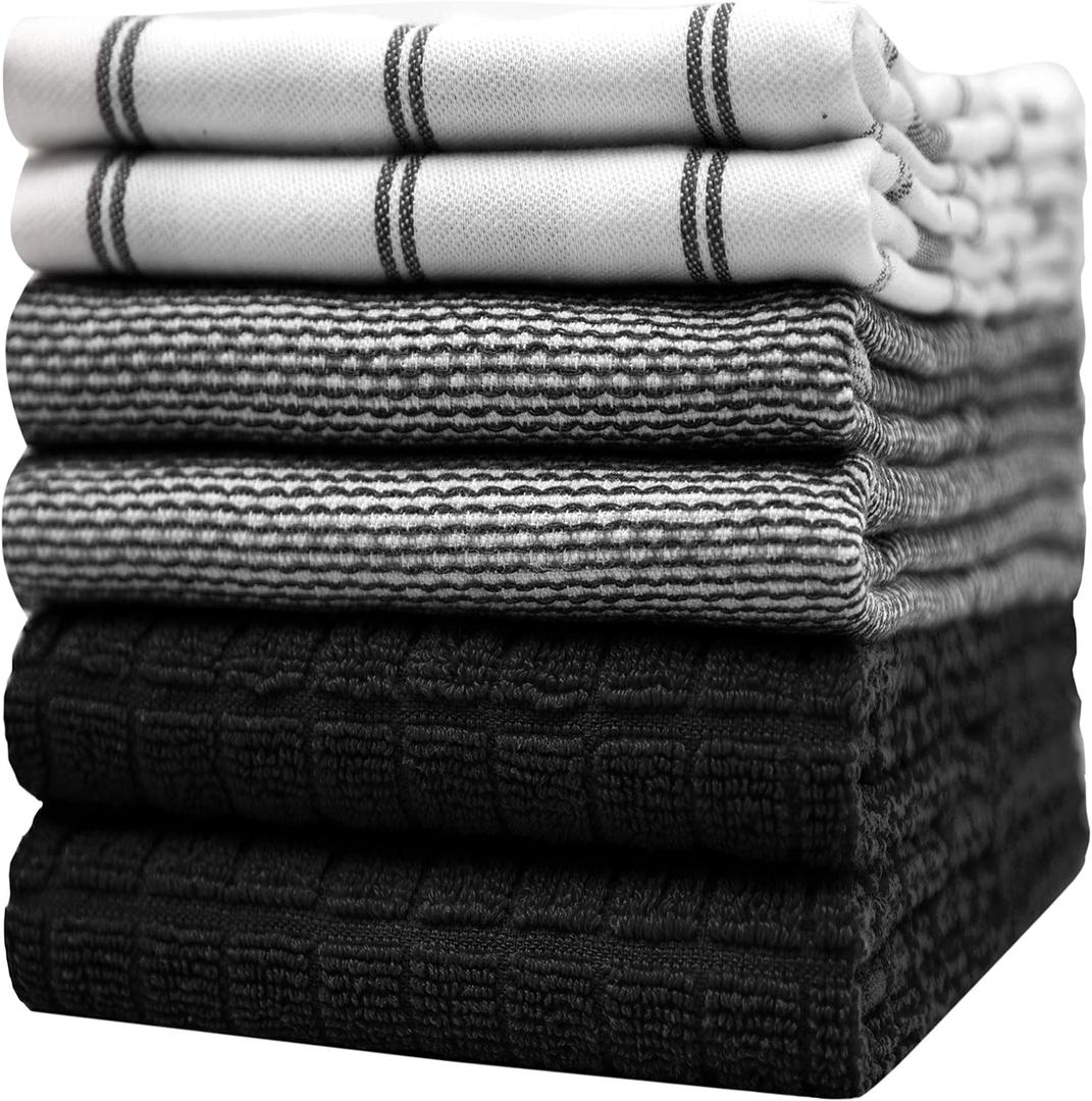 Premium Kitchen Towels (20x 28, 6 Pack) | Large Cotton Hand Towels | Flat & Terry Dish Towels | Highly Absorbent Tea Towels Set with Hanging Loop | Black Check