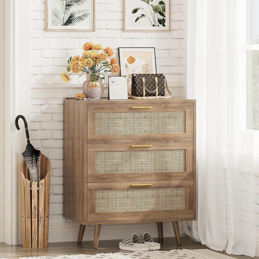 Trironsun 3 Drawer Dresser for Bedroom Rattan Dresser Chest of Drawers with Spacious Storage Boho Clothes Storage Nightstand for Living Room