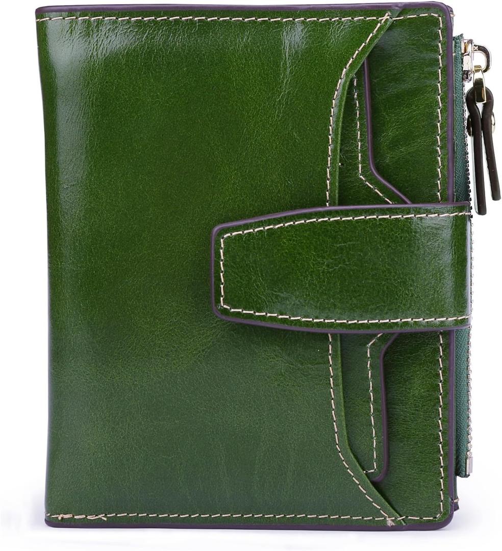 AINIMOER Women's RFID Blocking Leather Small Compact Bi-fold Zipper Pocket Wallet Card Case Purse with id Window (Waxed Green)