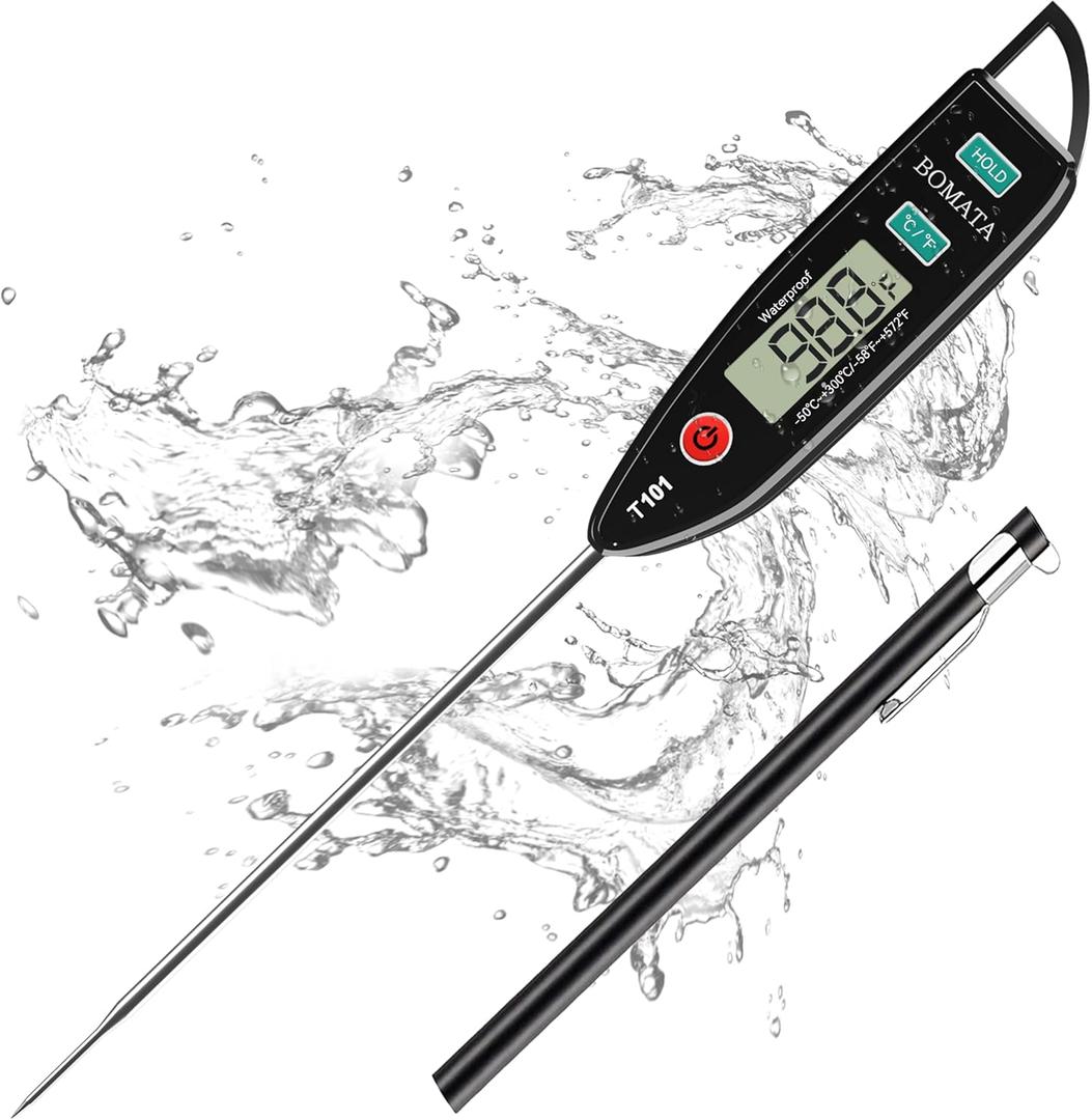 BOMATA Food Thermometer for Cooking, Water, Waterproof IPX7 Digital Thermometer with Long Probe for Bread Baking, Meat, Liquid, Candy.. T101 (Black Color)