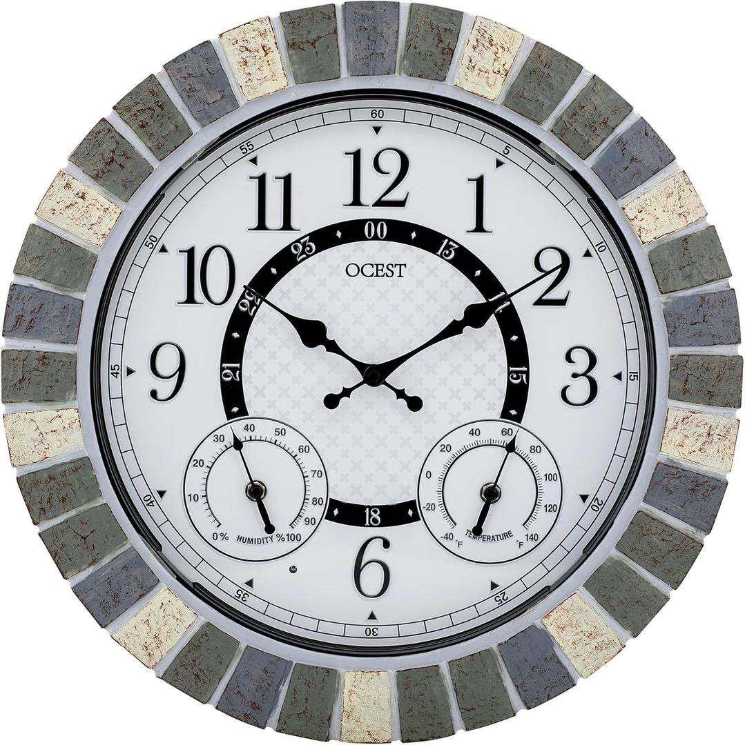 OCEST 18 Inch Outdoor Wall Clock with Night Light, Waterproof Thermometer & Hygrometer Combo, Battery Operated Silent Non-Ticking Large Patio Clock for Garden, Pool, Porch (Rustic Gray)