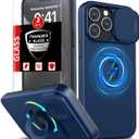 for iPhone 15 Pro Max Case Magnetic Compatible with MagSafe Wireless Charging,with 2 Screen Protectors,Built-in Kickstand Ring+Camera Cover Anti-Scratch Shockproof Heavy Duty Protection Blue