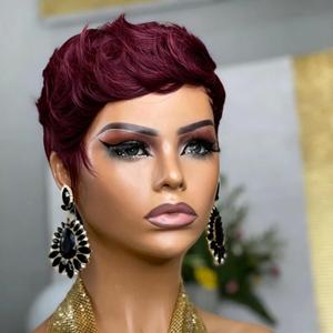 Pixie Cut Wig for Women Human Hair Short Wig for Women 99J Burgundy Colored Short Layered Pixie Wigs With Bangs Glueless Full Machine Made Brazilian Virgin Human Hair Wigs (99j)