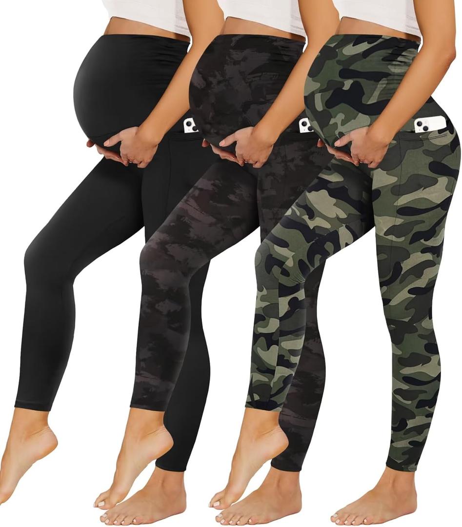 Happy.angel 3 Pack Maternity Leggings with Pockets Over The Belly, Womens Black Workout Yoga Pregnancy Pants Black/ Black Tie-dye/ Camouflage X-Large