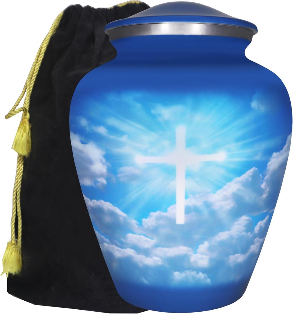 M MEILINXU Cremation Urns for Human Ashes Adult Man or Women, Funeral Urn for Ashes Adult Male or Female, Blue Sky and White Clouds, Religious Cross Decorative Urn, Burial, Christian Crosses - Large