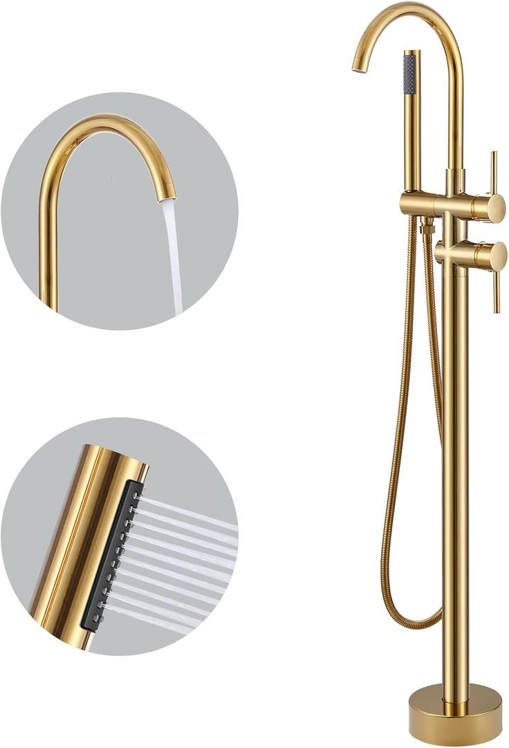 KZH Floor Mount Bathtub Faucet Brushed Gold Freestanding Tub Fille Bathroom Faucet Single Handle with Handheld Shower Mixer Taps Swivel Spout (Gold)