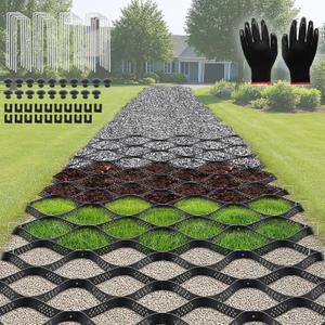 Gravel Grid 33 x 4 FT, Gravel Stabilizer Grid for Permeable Pavers Base, Geogrid 1900 Lbs/Sq Ft Load for DIY Driveway Parking Walkway Pathway Dirt Locker Slope - 2" Thick & Gloves & Landscape Staples