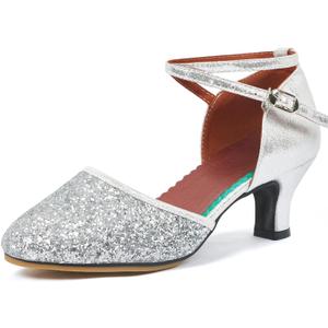 iCKER Womens Latin Dance Shoes Heeled Ballroom Salsa Tango Party Sequin Dance Shoes (7, Silver-rubber Sole)