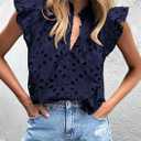 PRETTYGARDEN Womens Summer Tops 2026 Dressy Casual Ruffle Cap Sleeve Button V Neck Embroidered Eyelet Blouses Shirts (Black, S)