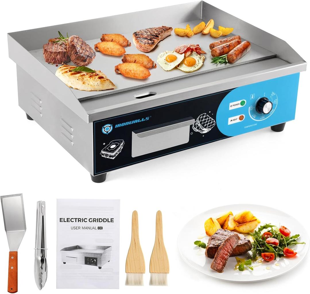 IRONWALLS Commercial Griddle Electric 22, 3000W Electric Flat Top Grill, Stainless Steel Countertop Electric Griddle Nonstick with 122~572Adjustable Temperature Control for Restaurant Kitchen