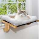 Cat Window Perch, Cat Window Hammock, Adjustable Window Sill Cat Perch with Hardwood and Fluffy Cushion, 2-in-1 use for Window and Bedside, for Large Lats (Original Wood, 25" W16" L)