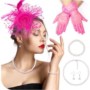 Fascinator Hat for Women Cocktail Flower Mesh Feathers Hats for Carnival Halloween Tea Party Headwear Hats (Hot Pink)