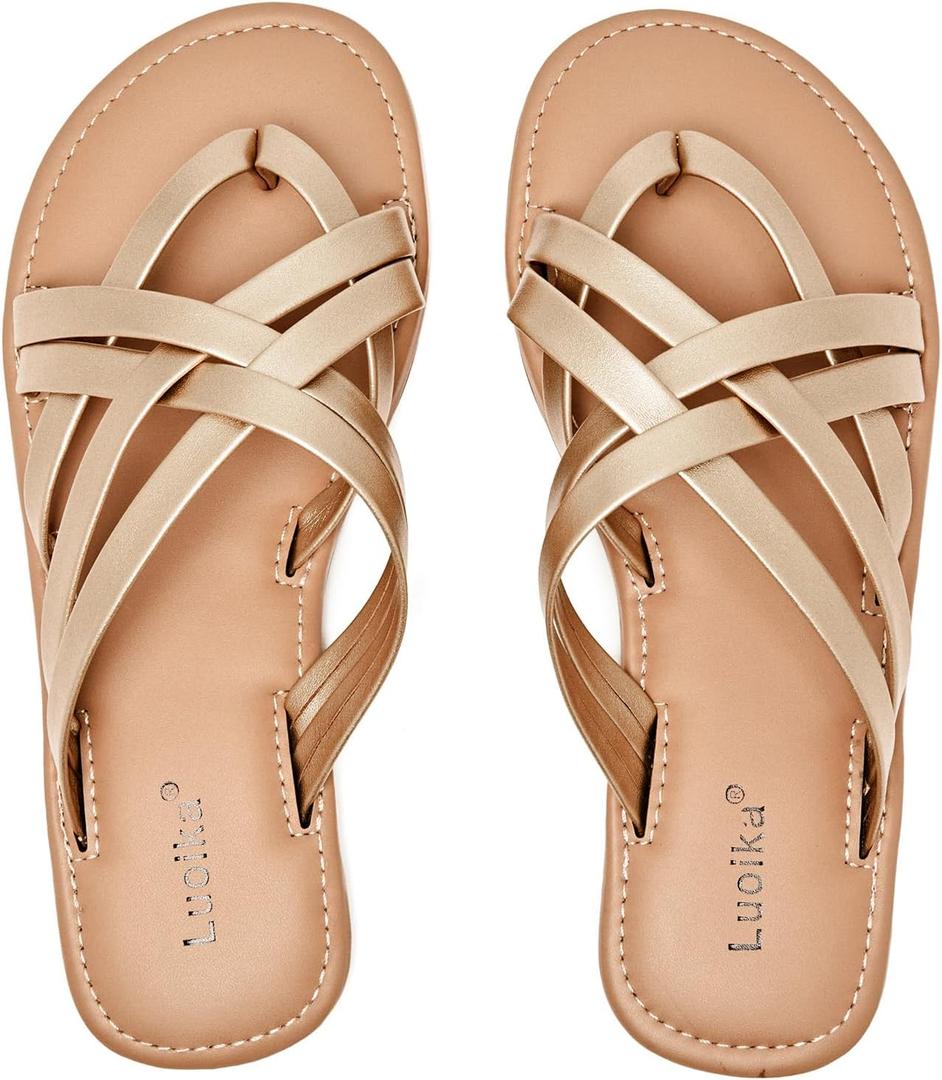 Luoika Women's Wide Width Flat Sandals, Flip Flop Slides Sandal Casual Strapy Sandal Slip on Summer Beach Shoes for Women. (Gold, 10.5)