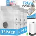 15 Packs Vacuum Bags for Travel with Rechargeable Pump, 3 Sizes Vacuum Seal Bags for Clothing, Compression Vacuum Travel Bags for Luggage, Vacuum Packing Bags for Closet Organization