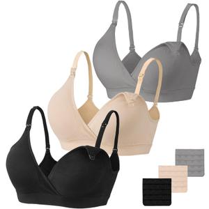 Vinfact 3 Pack Nursing Bras for Breastfeeding Seamless V Neck Maternity Bra Women Pregnancy Breastfeeding Bra (Medium, Black/Nude/Grey)