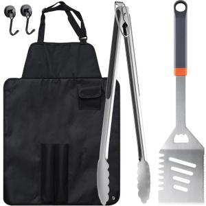 5-Piece Grill Tools Set, BBQ Grilling Accessories with Spatula, Tongs, Portable Grill Utensils Set with Hooks & Storage Apron, Stainless Steel Grilling Tools Kit, Gifts for Men Dad
