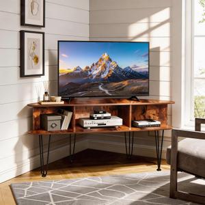 Corner TV Stand for 50 Inch TV, Entertainment Center with Storage Cabinet, Industrial Media Console Table with High Metal Feet and Anti-Slip Pads, Corner TV Stand for Living Room, Brown, 15.4"D x 45"W x 25.5"H