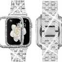 Supoix Compatible with Apple Watch Band 38mm 40mm 41mm 42mm 44mm 45mm 46mm 49mm+ Case, Women Jewelry Bling Diamond Rhinestone Replacement Metal Bands & 2 Pack PC Protector Case for iWatch Ultra 2/ Ultra Series 10/9/8/7/6/5/4/3/2/1/SE (46mm (Series 10), Silver)