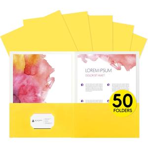 50Pcs Yollow with Pockets -2 Pocket Folders for Documents,Cute Paper Folders for Filing Cabinet,School,Office,Resume Portfolio (Yellow)