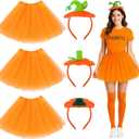 6 Pcs Pumpkin Orange Tutu Costume Set for Women 3 Tutu Skirt 3 Pumpkin Headband Orange Accessories Cosplay Outfit for Thanksgiving Halloween
