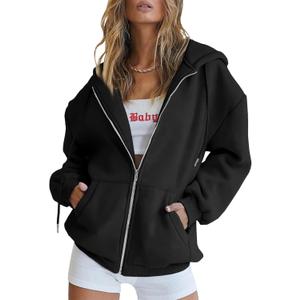 Trendy Queen Womens Zip Up Hoodies Oversized Sweatshirts Fall School Fashion Outfits Casual Jackets 2025 Winter Clothes (Medium, Black)