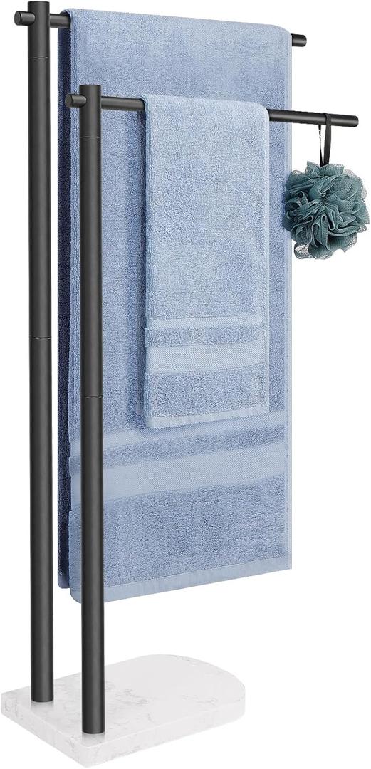 Livabber Standing Towel Rack, 304 Stainless Steel 2-Tier Towel Holder Stand with Marble Base, Modern Stylish Tall Shower Towel Rack for Bathroom Accessories, Pool（Black) (Dimensions 17.83"L x 7.09"W x 34"H)