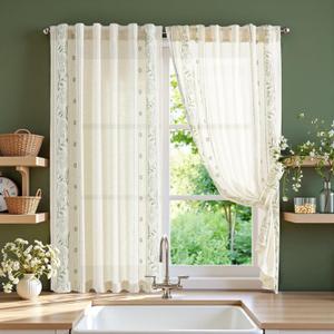 jinchan Winslow Linen Curtains 54 Inch Length Small Window Curtains Embroidered Bordered Floral Drapes Light Filtering for Bathroom Laundry Room Kitchen Farmhouse Decor Sage on Beige 2 Panels