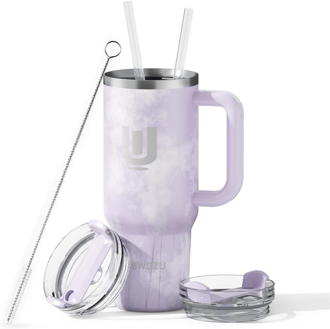 40oz Tumbler with Handle, Insulated Tumbler with Straw and Spout Lid, Coffee Mug Stainless Steel Travel Mug Cup for Water, Tea or Iced Coffee, Keeps Cold for 24hrs or Hot for 12hrs, Leak-proof (Wisteria Tie Dye)
