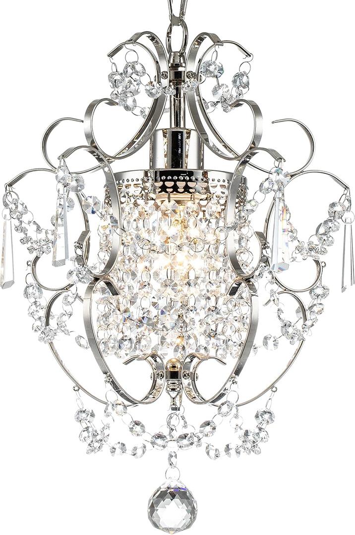 Small Crystal Chandelier, Mini Elegant Crystal Chandelier Light Fixture, 1-Light Pendant Light Fixture, Adjustable Hanging Lighting for Entryway, Bedroom, Girls Room, Kitchen Island (Chrome)