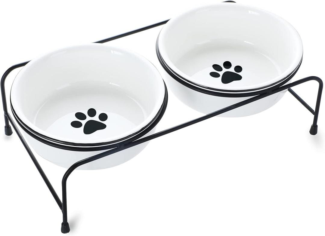 GDCZ Porcelain Raised Cat Bowls with Heighten Metal Stand and Non Slip Bottom 15 Ounces (White)