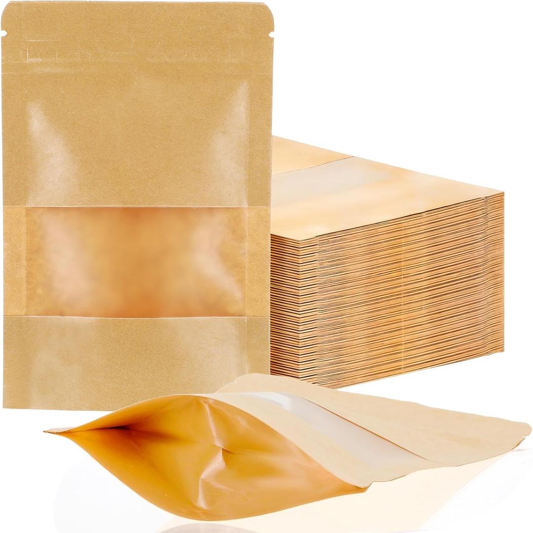 300 Pcs Stand Up Pouches, 4 x 6 Inch Paper Bags with Clear Window - Resealable Zipper Window Bags for Coffee, Bakery, Snacks & Small Business Packaging (Brown)