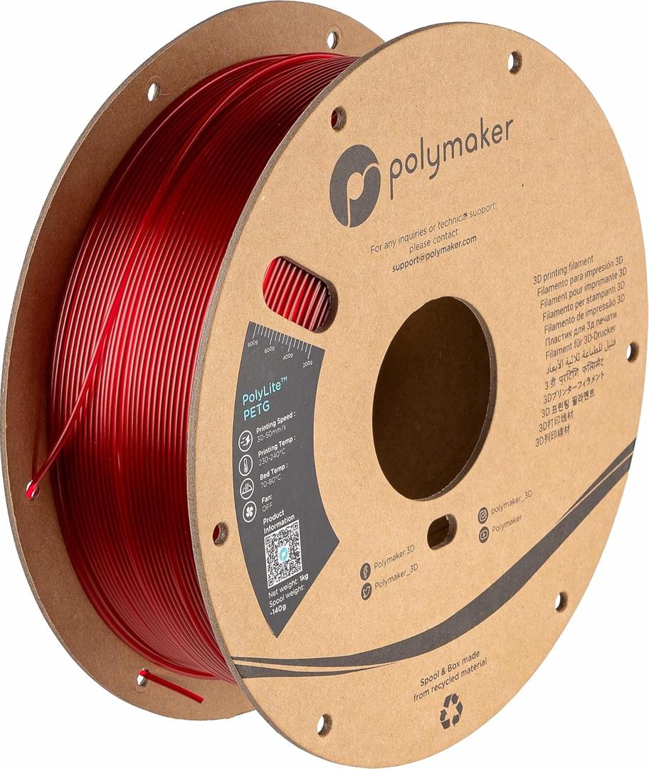 Polymaker PolyLite 3D Printer PETG Filament Translucent Red 1.75mm 1kg, Legacy PETG Formula, Reliable Everyday Filament, Strong Layer Bonding, Compatible with Most 3D Printers
