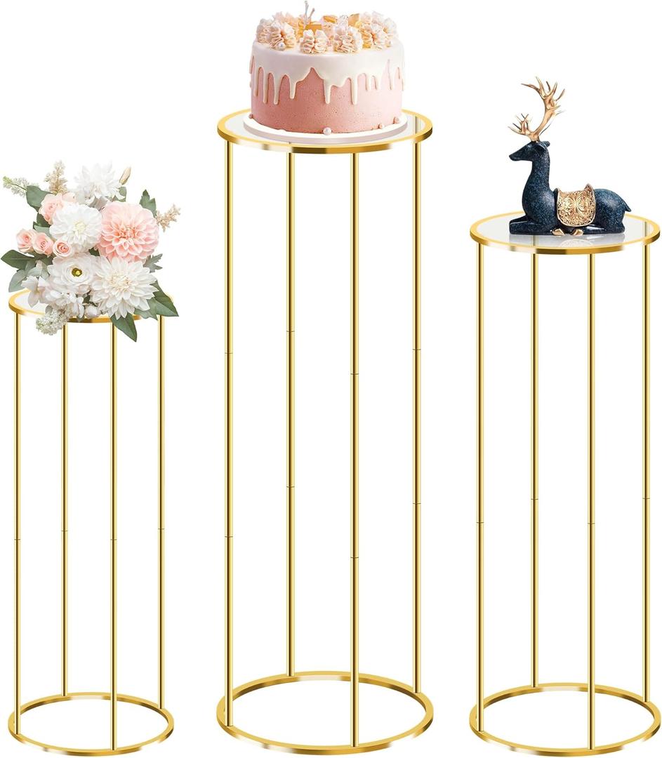 3PCS Gold Metal Cylinder Pedestal Stands - Round Plant Display Columns for Party Decor, Floral Arrangements, Vase Displays, Birthday Wedding Backdrop Decorations