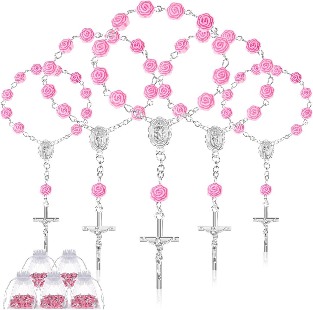 Yinkin 30 Pieces Baptism Rosary Mini Rosary Baptism Favors Finger Baptism Rosaries Pink Rose Shaped Beads Faux Pearls with 30 Organza Bags for Christening Weddings First Communion Party Favors