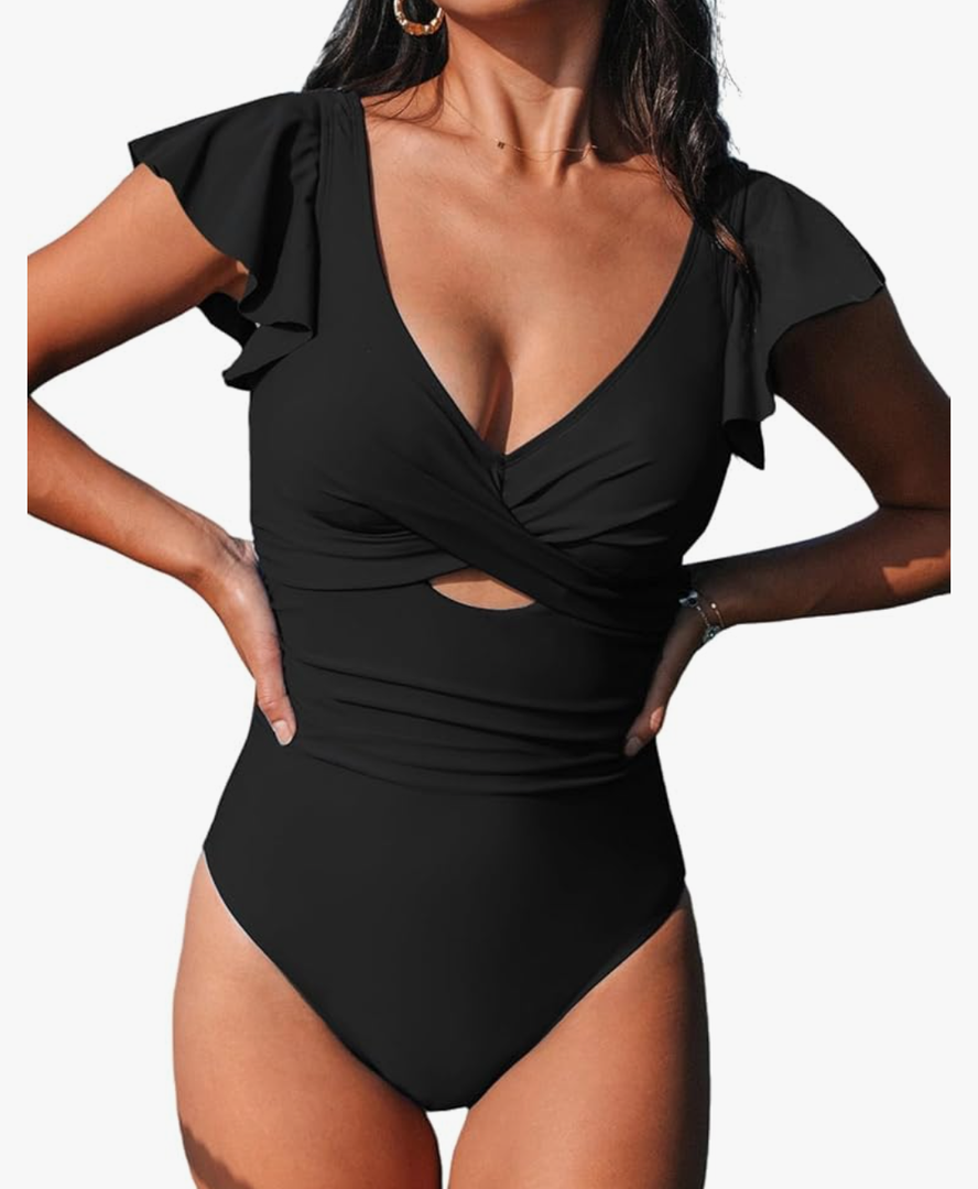 Women's One Piece Swimsuit Tummy Control Bathing Suit V Neck Ruffled Wrap Ruched Cutout Back Hook, L