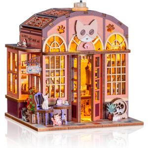 3D Book Nook DIY Kit with Batteries Light Glue Cat Cafe Theme Wooden Building Toy House for LED Magic Book Nook Lover Bookend Bookshelf DIY Miniature Gift for Adults