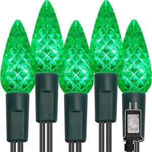 WATERGLIDE C6 Christmas Lights, 33ft 100 LED Faceted String Lights Green Wire Fairy Lights with 29V Safe Adaptor, 8 Lighting Mode, Waterproof for Indoor Outdoor Patio Xmas Tree Party Decor, Green