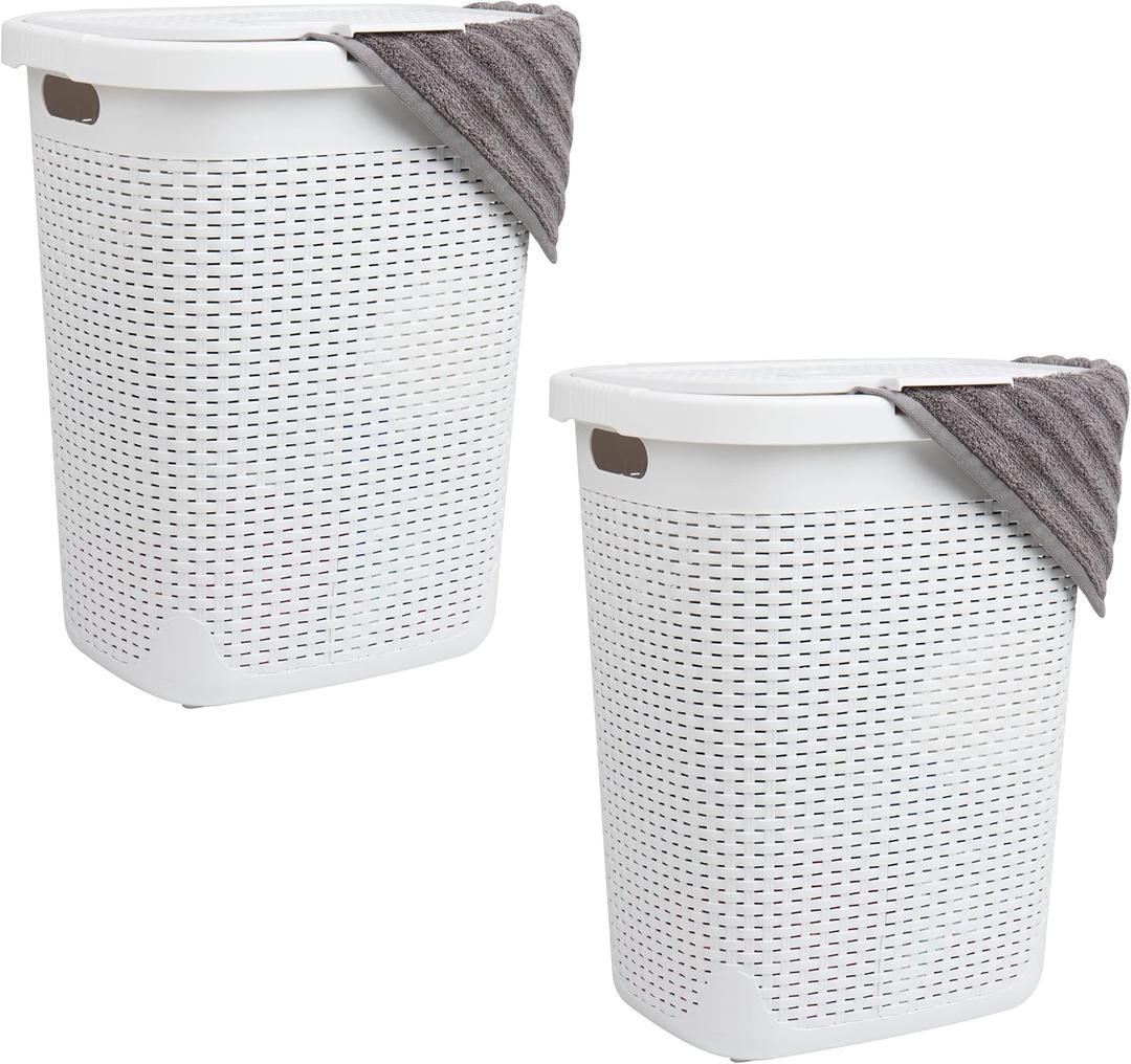 Mind Reader 50L Slim Laundry Hamper, Clothes Basket, Lid, Wicker Design, Plastic, 17.65"L x 13.75"W x 21"H, Set of 2, White