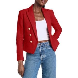 Cicy Bell Women Cropped Tweed Blazer Jackets Lapel Open Front Long Sleeve Business Suit Jackets with Pocket (Large, Red)