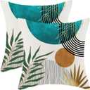 Boho Pillow Covers 20x20 Inch 2 Pcs,Aqua Teal Green Gold Tropical Leaf Summer Outdoor Decorative Throw Pillows,Mid Century Abstract Farmhouse Decor Pillowcase Linen Cushion Cover for Couch Sofa