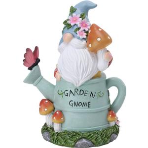 Garden Gnome Statue, Solar Powered Gnome Outdoor Decorations with Watering Can Shape - Resin Gnome Figurine with Mushroom Solar Lights for Porch Patio Lawn Yard Art Decor, Gift for Mom