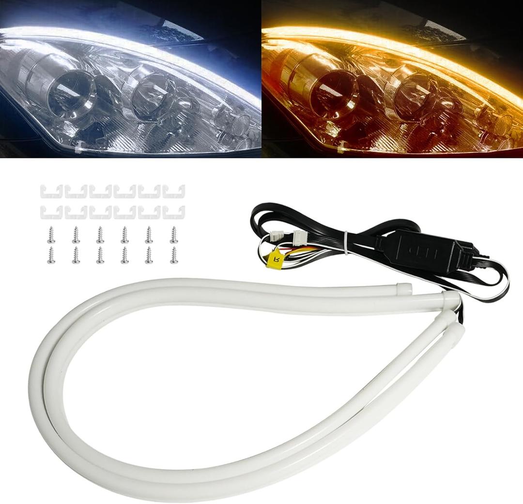 Qasim Sequential LED Strip, 12inch Car LED Flexible Strip Lights Turn Signal Switchback White/Amber Daytime Running Light for Headlights Retrofit-1Pair (11.8 inches)