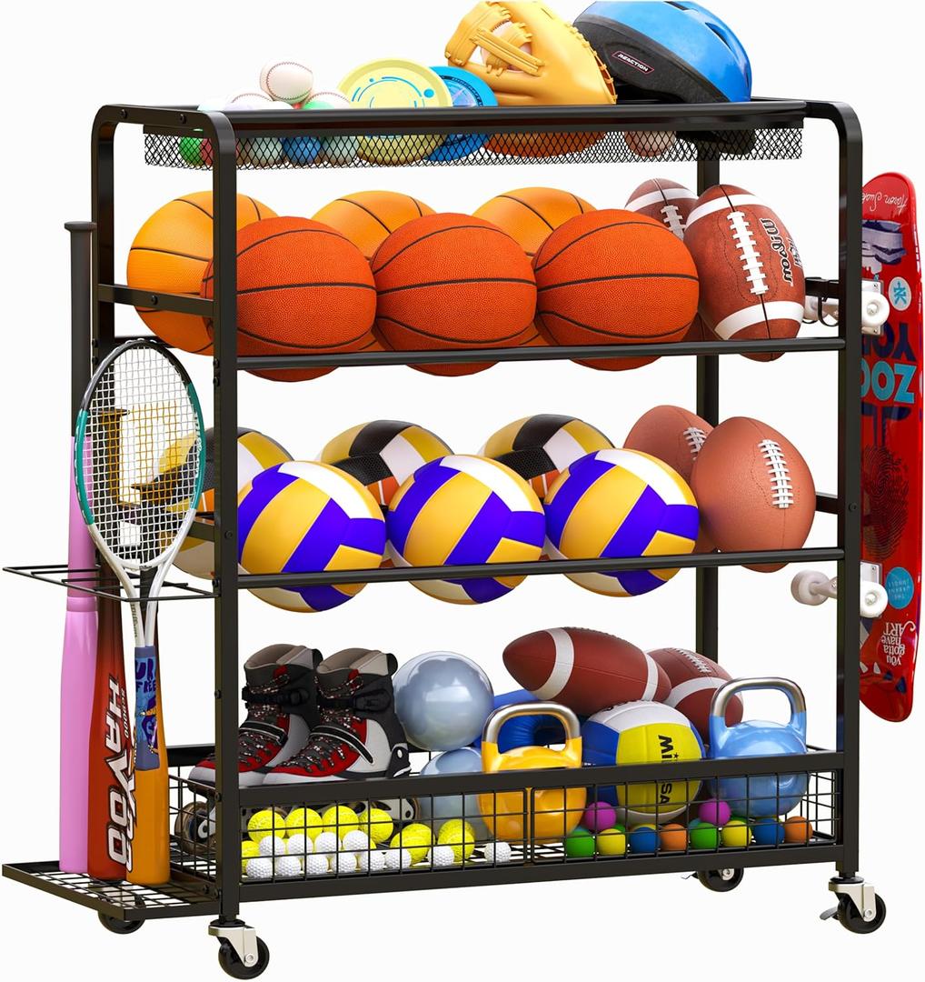 Basketball Hoop,Wheeled Sports Ball Storage Rack,Double-Row Basketball Hoop Holds 16+ Balls,Ball Storage Rack with Baseball Bat Holder and Hooks,Stores Basketballs,Soccer Balls,Footballs,etc.-Black