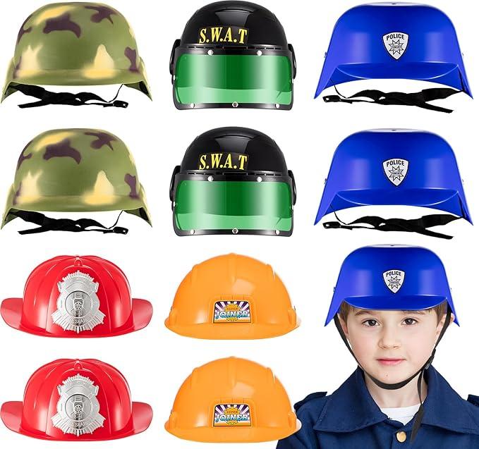 Liliful 10 Pcs Role Play Hard Hats Helmets for Kids Costume Hats Dress Pretend Career Play Hard Hat Police Hat Fireman Firefighter Helmet Construction Hats Swat Helmet Army Helmet for Halloween Party