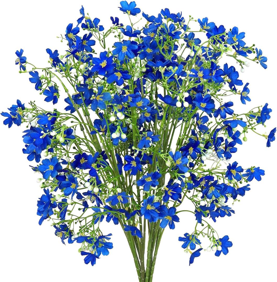 MEIVINES Artificial Flowers 8PCS Silk Flowers with Long Stems, Fake Flowers Bulk Fake Babys Breath, Royal Blue Flowers for Tall Vase Outdoor Garden Wedding Party Home Table Centerpiece