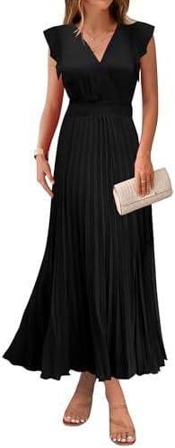 KIRUNDO Women's Summer Maxi Dresses Elegant V Neck Ruffle Flutter Sleeves Empire Waist Pleated Flowy Wedding Guest Dress.XL